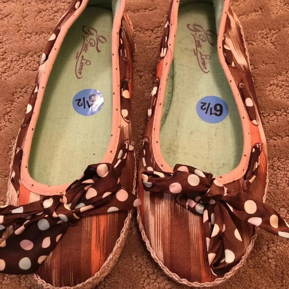 Poetic licence espadrilles flats 6.5, 36.5 polka dots bow shoes brown tones - Picture 2 of 7